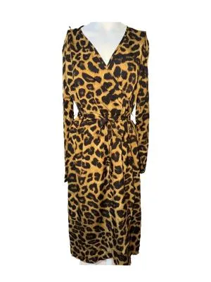 Rochie casual L | Auriu, Maxi, Mânecă lungă, Animal print, Design petrecut, Poliester