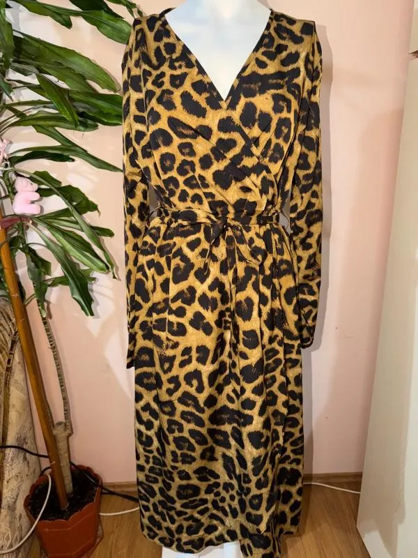 Rochie casual L | Auriu, Maxi, Mânecă lungă, Animal print, Design petrecut, Poliester - Image 6