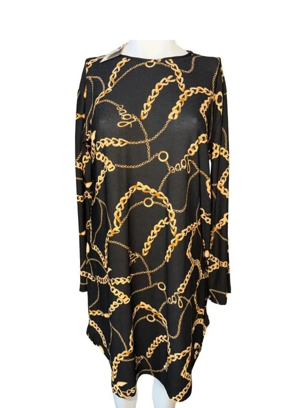 Rochie casual Addict XXL | Negru, Midi, Mânecă lungă, Oriental & Paisley, Poliester