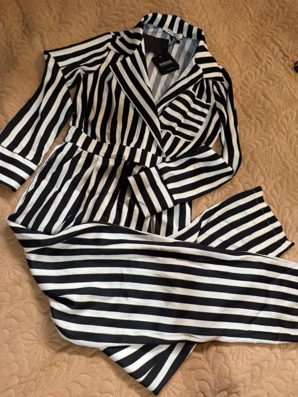 Salopetă TGH FASHION S | Negru, Lungă, Mânecă lungă, Dungi - Image 2
