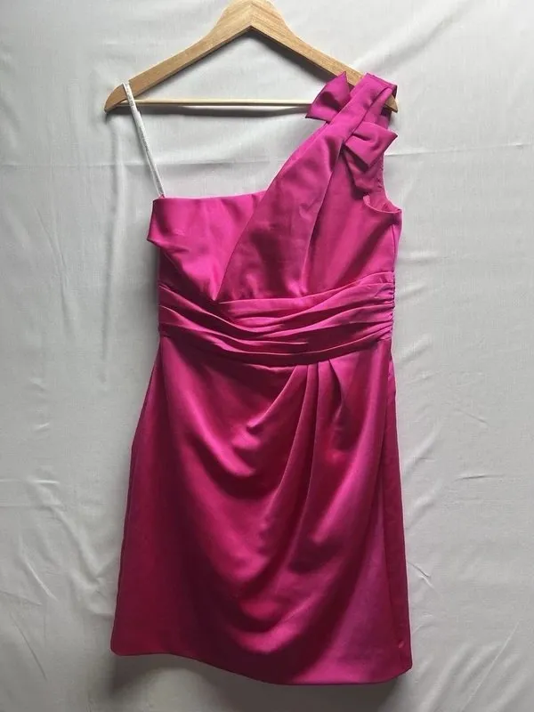 Rochie de ocazie David's Bridal XS | Fuchsia, Midi, Pe un umăr, Monocrom, Design asimetric, Poliester - Image 2