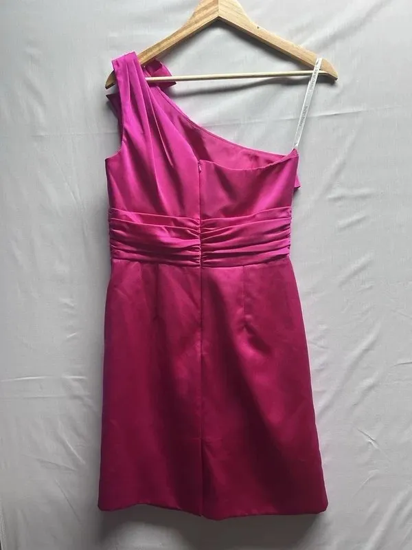 Rochie de ocazie David's Bridal XS | Fuchsia, Midi, Pe un umăr, Monocrom, Design asimetric, Poliester - Image 3