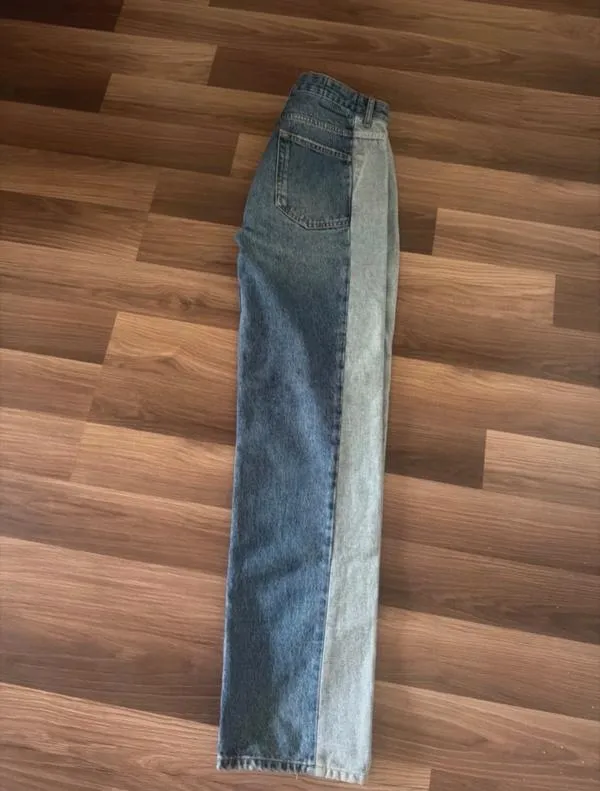 Blugi Pull&Bear EU 38 | Albastru, Lungi, Talie joasă, Straight (Drepți) fit, Bicolori Patchwork - Image 4