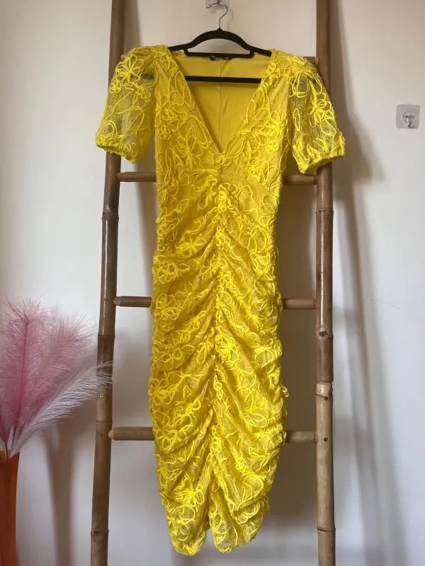 Rochie mulată Zara S | Galben, Midi, Mânecă scurtă, Dantelă, Sintetic - Image 2