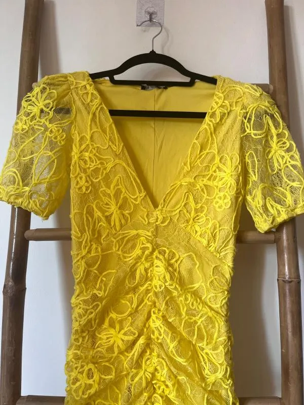 Rochie mulată Zara S | Galben, Midi, Mânecă scurtă, Dantelă, Sintetic - Image 3