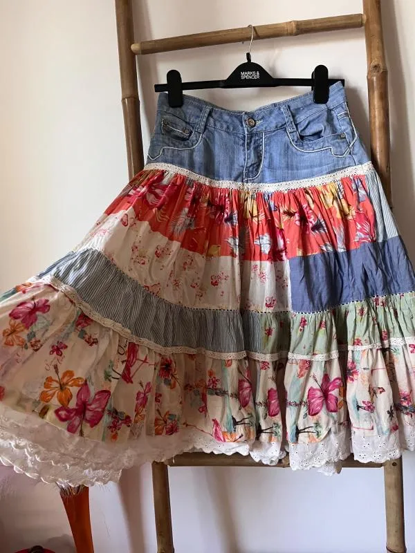 Fustă cloș M | Multicolor, Midi, Talie medie, Cloș fit, Floral & Tropical, Volane, Bumbac - Image 2