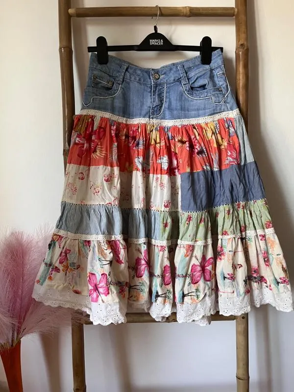 Fustă cloș M | Multicolor, Midi, Talie medie, Cloș fit, Floral & Tropical, Volane, Bumbac - Image 3