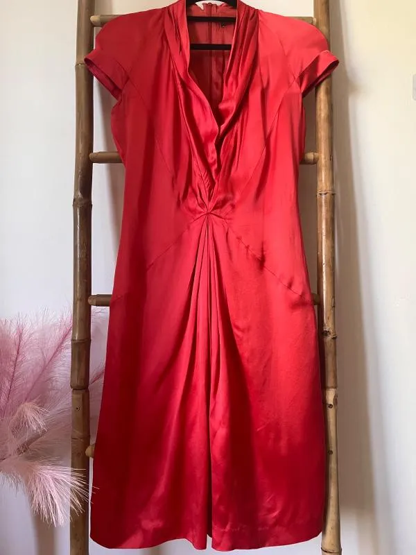 Rochie de seară Hugo Boss S | Roșu, Midi, Mânecă scurtă, Monocrom, Pliuri, Mătase - Image 11