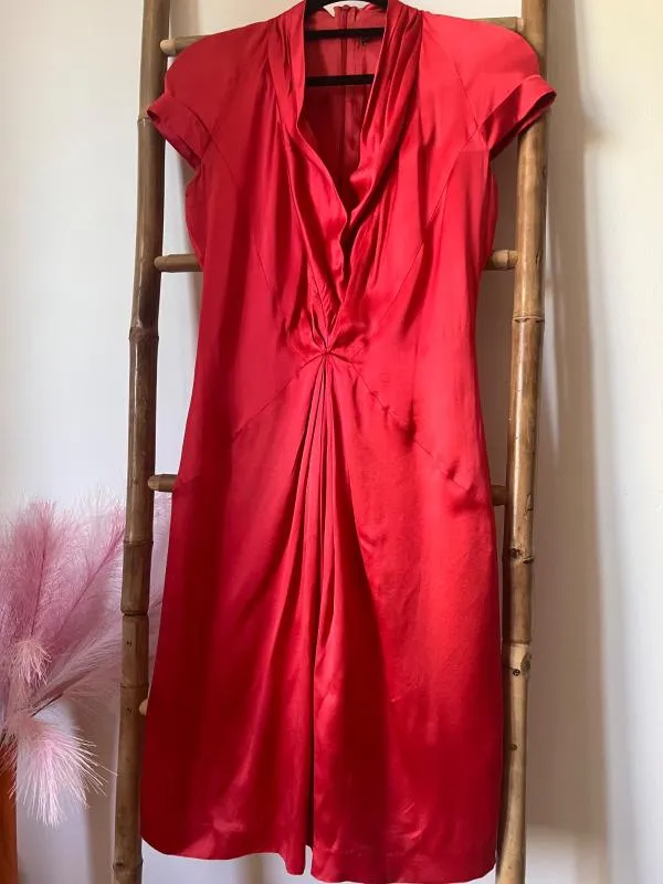 Rochie de seară Hugo Boss S | Roșu, Midi, Mânecă scurtă, Monocrom, Pliuri, Mătase - Image 2