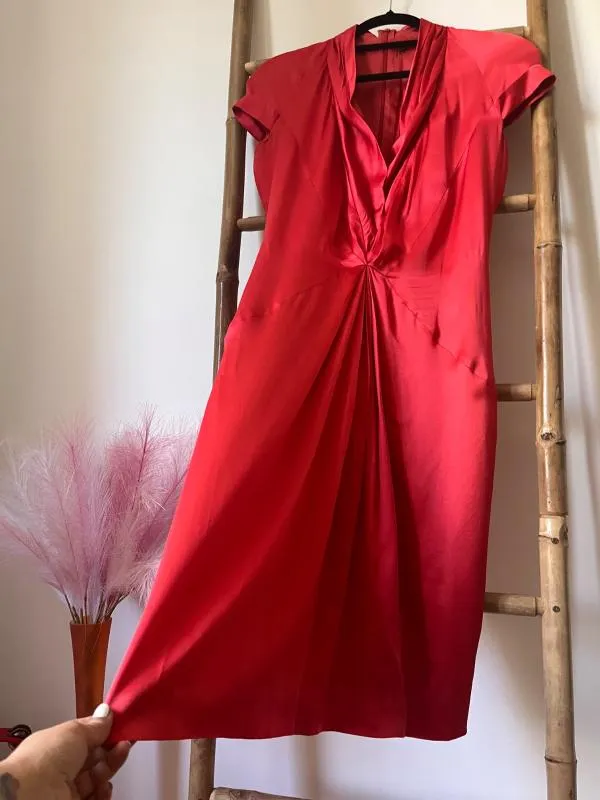 Rochie de seară Hugo Boss S | Roșu, Midi, Mânecă scurtă, Monocrom, Pliuri, Mătase - Image 3