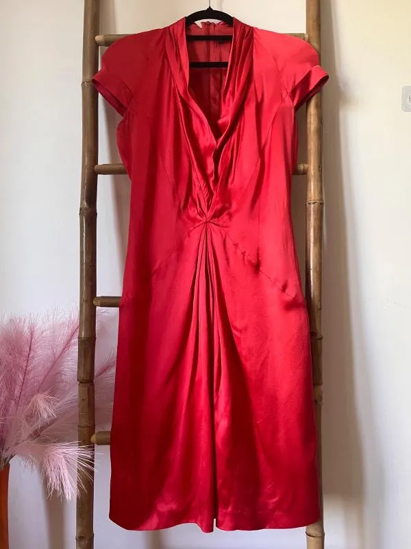 Rochie de seară Hugo Boss S | Roșu, Midi, Mânecă scurtă, Monocrom, Pliuri, Mătase - Image 4