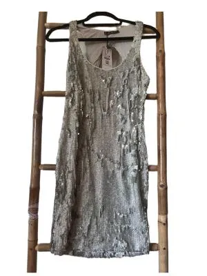 Rochie de ocazie Bershka M | Argintiu, Mini, Fără mâneci, Monocrom, Paiete