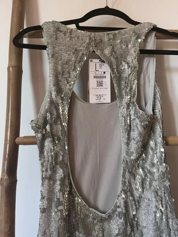 Rochie de ocazie Bershka M | Argintiu, Mini, Fără mâneci, Monocrom, Paiete - Image 10
