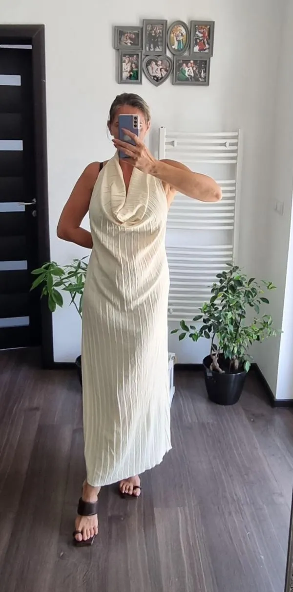 Rochie de seară Zara L | Galben, Midi, Bretele după gât, Pliuri - Image 5