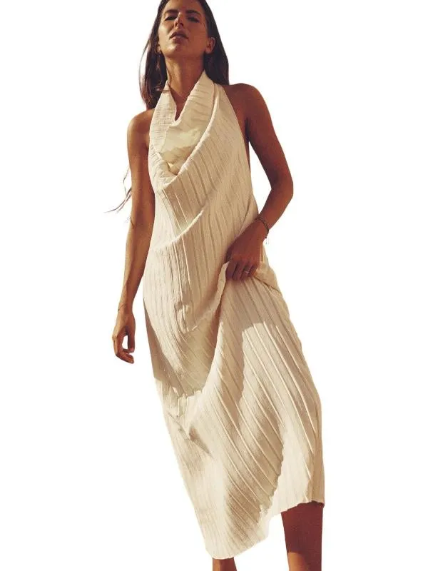 Rochie de seară Zara L | Galben, Midi, Bretele după gât, Pliuri