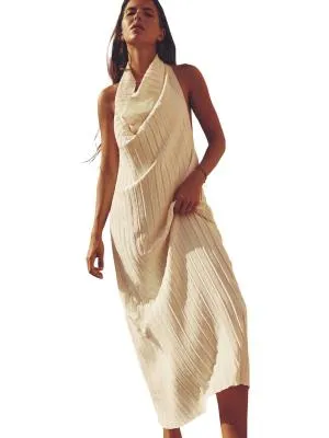 Rochie de seară Zara L | Galben, Midi, Bretele după gât, Pliuri