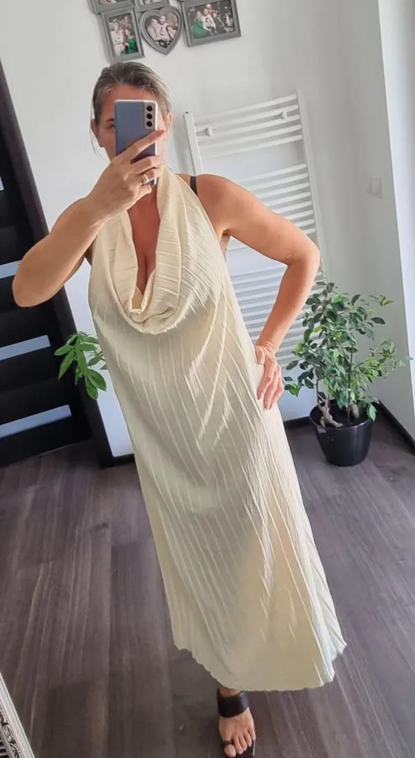 Rochie de seară Zara L | Galben, Midi, Bretele după gât, Pliuri - Image 6