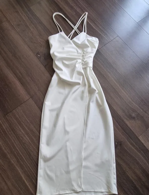 Rochie de vară Zara XS | Alb, Midi, Bretele subțiri, Drapat - Image 3