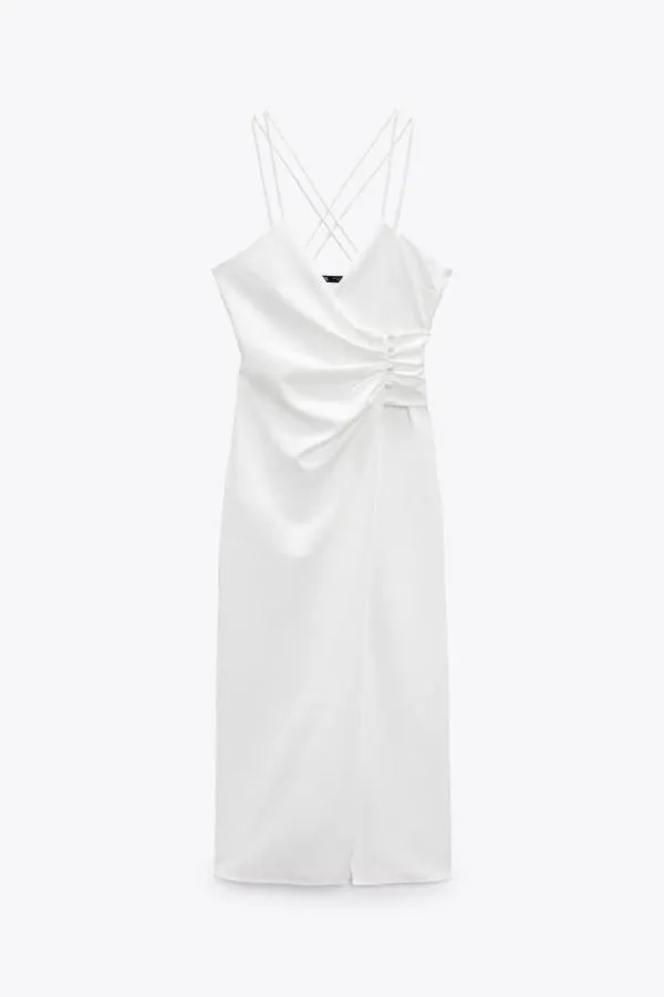 Rochie de vară Zara XS | Alb, Midi, Bretele subțiri, Drapat - Image 2