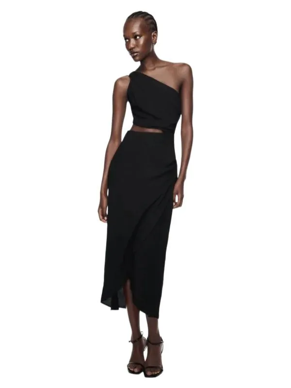 Rochie de vară Zara M | Negru, Midi, Pe un umăr, Design asimetric