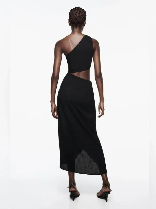 Rochie de vară Zara M | Negru, Midi, Pe un umăr, Design asimetric - Image 2