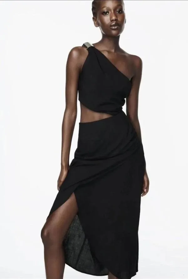 Rochie de vară Zara M | Negru, Midi, Pe un umăr, Design asimetric - Image 3