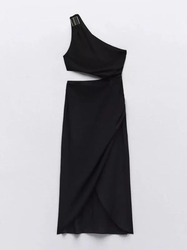 Rochie de vară Zara M | Negru, Midi, Pe un umăr, Design asimetric - Image 4