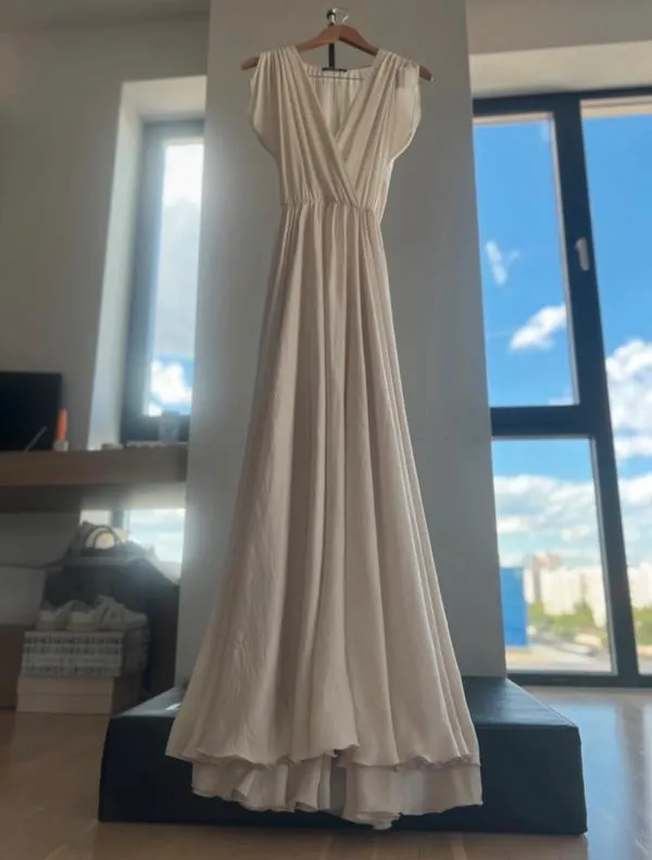 Rochie de seară PNK XS | Bej, Maxi, Fără mâneci, Monocrom, Decolteu în V, Mătase - Image 5