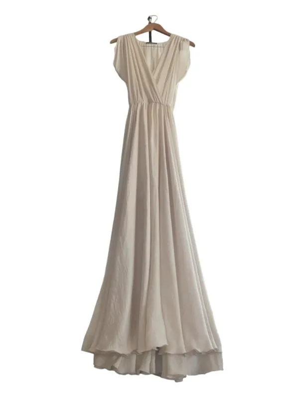 Rochie de seară PNK XS | Bej, Maxi, Fără mâneci, Monocrom, Decolteu în V, Mătase