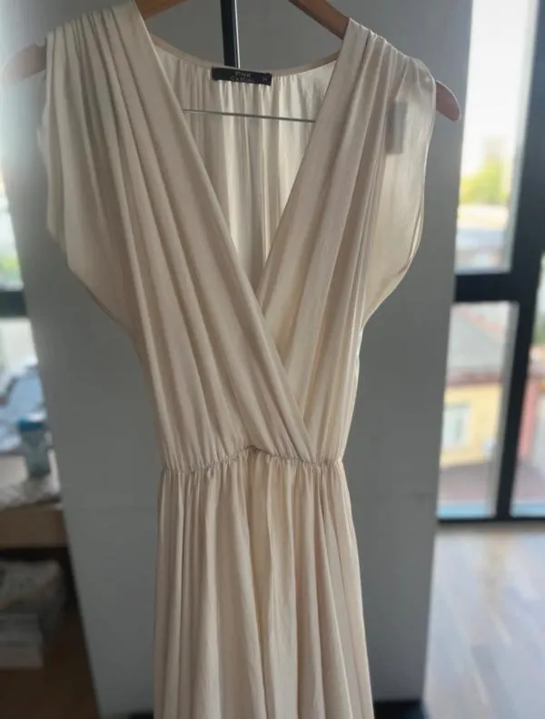 Rochie de seară PNK XS | Bej, Maxi, Fără mâneci, Monocrom, Decolteu în V, Mătase - Image 2