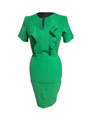 Rochie dreaptă Poema XS | Verde, Midi, Mânecă scurtă, Volane, Poliester