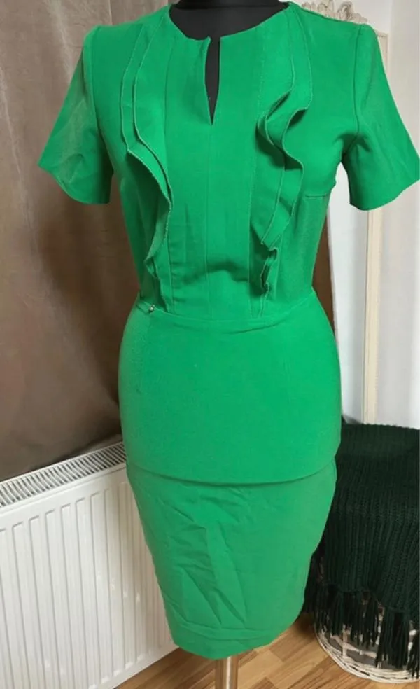 Rochie dreaptă Poema XS | Verde, Midi, Mânecă scurtă, Volane, Poliester - Image 2