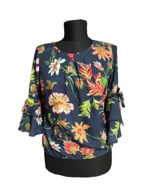 Bluză S | Bleumarin, Normal, Mânecă trei sferturi, Relaxed Lejer fit, Floral & Tropical, Volane, Poliester