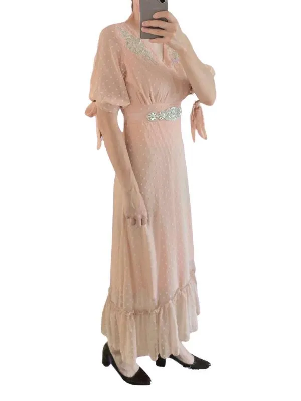 Rochie de seară XS | Roz, Midi, Mânecă scurtă, Buline & Imprimeuri mici, Volane