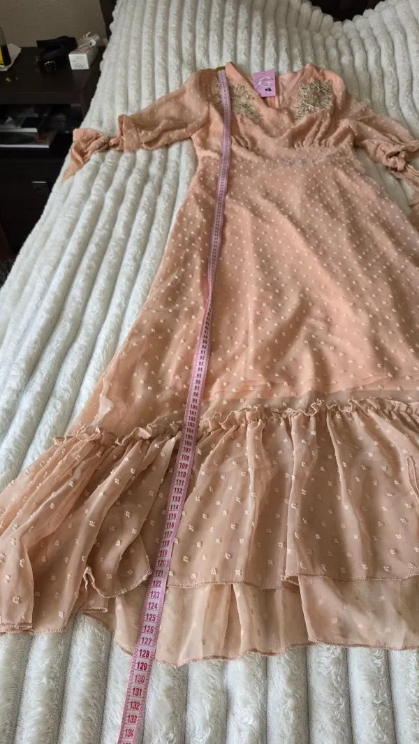 Rochie de seară XS | Roz, Midi, Mânecă scurtă, Buline & Imprimeuri mici, Volane - Image 2