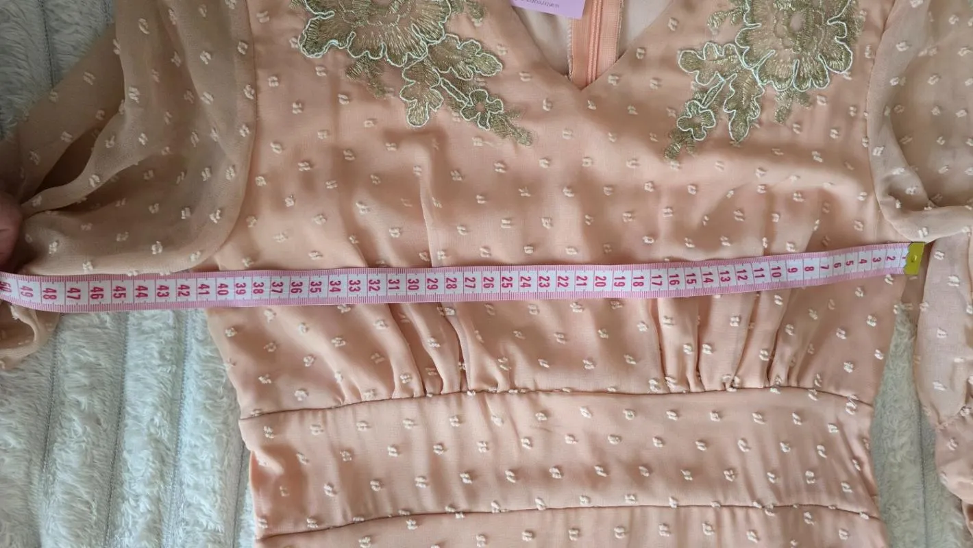 Rochie de seară XS | Roz, Midi, Mânecă scurtă, Buline & Imprimeuri mici, Volane - Image 3