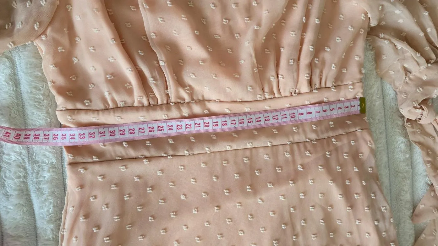Rochie de seară XS | Roz, Midi, Mânecă scurtă, Buline & Imprimeuri mici, Volane - Image 4
