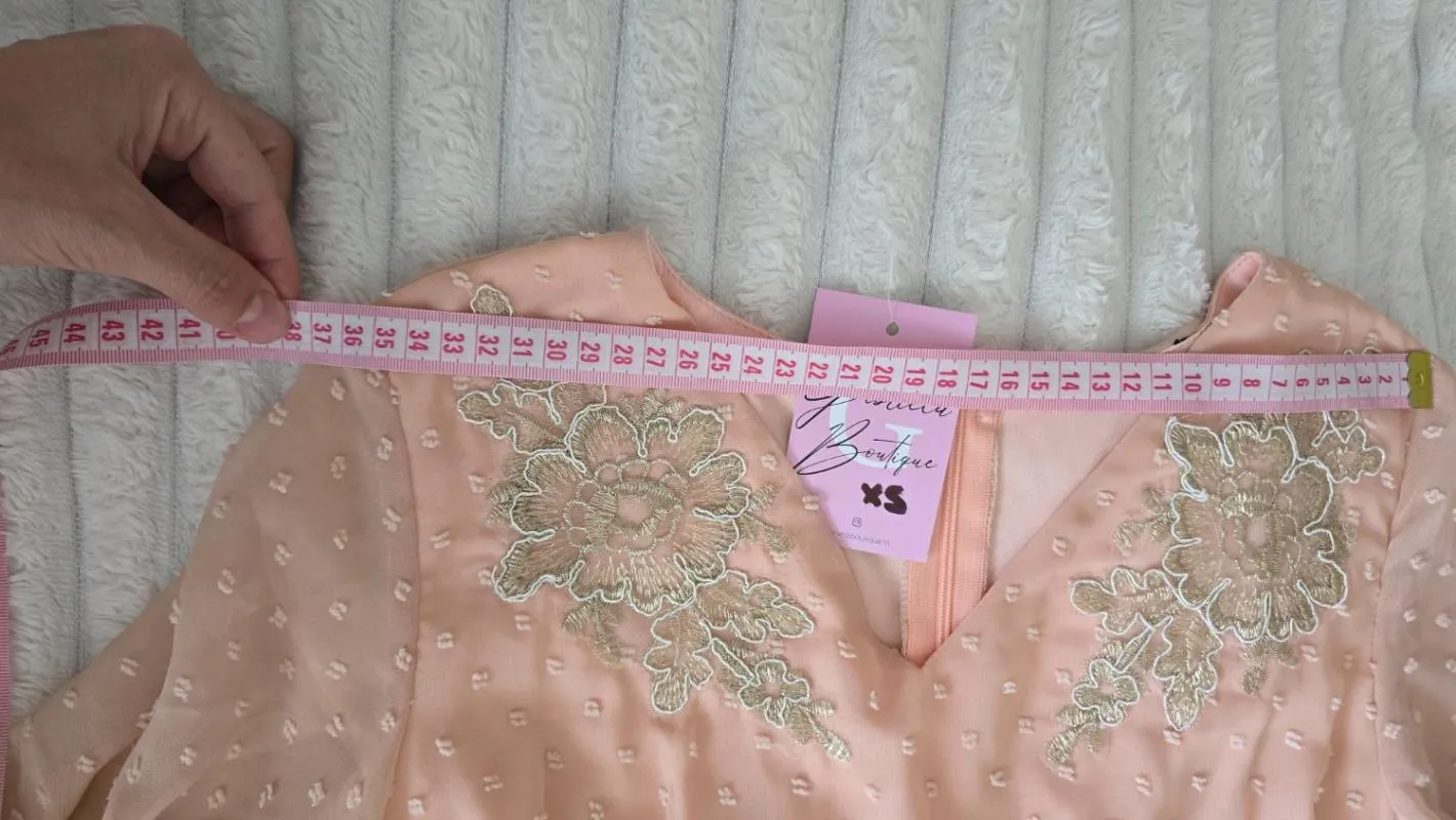 Rochie de seară XS | Roz, Midi, Mânecă scurtă, Buline & Imprimeuri mici, Volane - Image 5