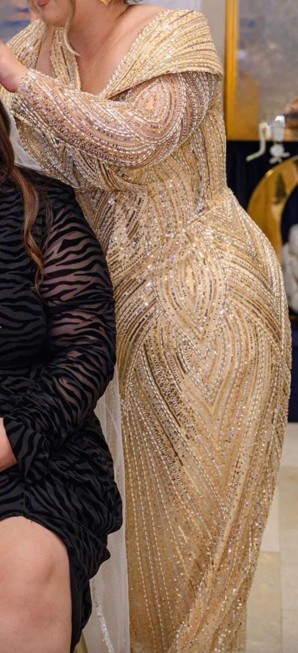 Rochie de ocazie XXL | Auriu, Maxi, Mânecă lungă, Plus size, Paiete - Image 3