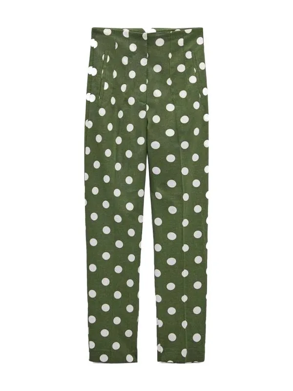 Pantaloni Zara L | Verde, Lungi, Talie înaltă, Regular (Standard) fit, Chino, Buline & Imprimeuri mici, In