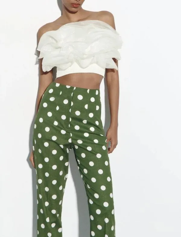 Pantaloni Zara L | Verde, Lungi, Talie înaltă, Regular (Standard) fit, Chino, Buline & Imprimeuri mici, In - Image 3