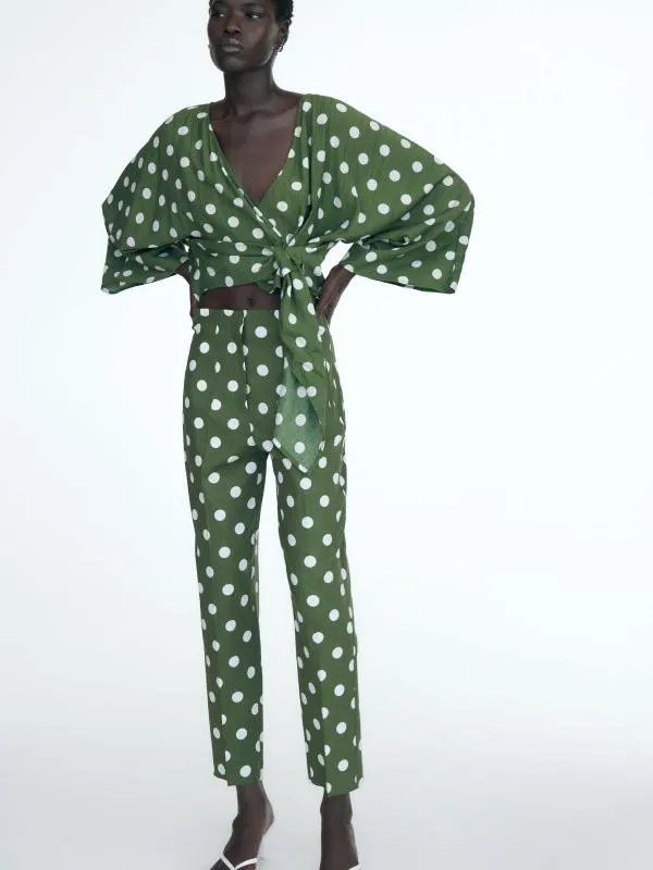 Pantaloni Zara L | Verde, Lungi, Talie înaltă, Regular (Standard) fit, Chino, Buline & Imprimeuri mici, In - Image 4
