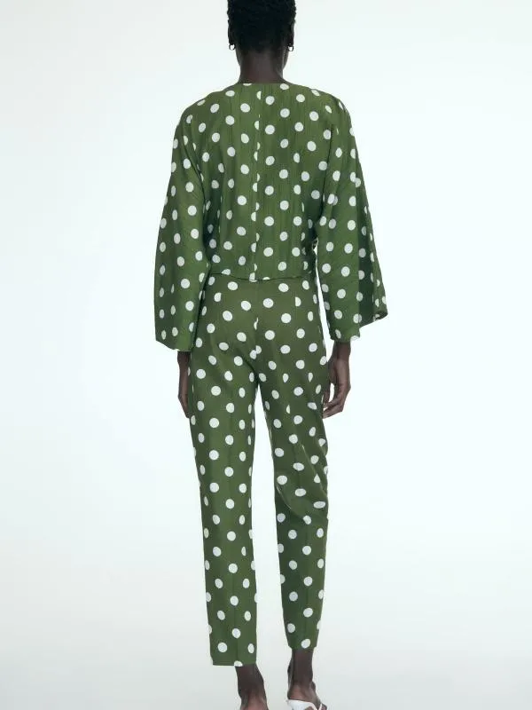 Pantaloni Zara L | Verde, Lungi, Talie înaltă, Regular (Standard) fit, Chino, Buline & Imprimeuri mici, In - Image 5