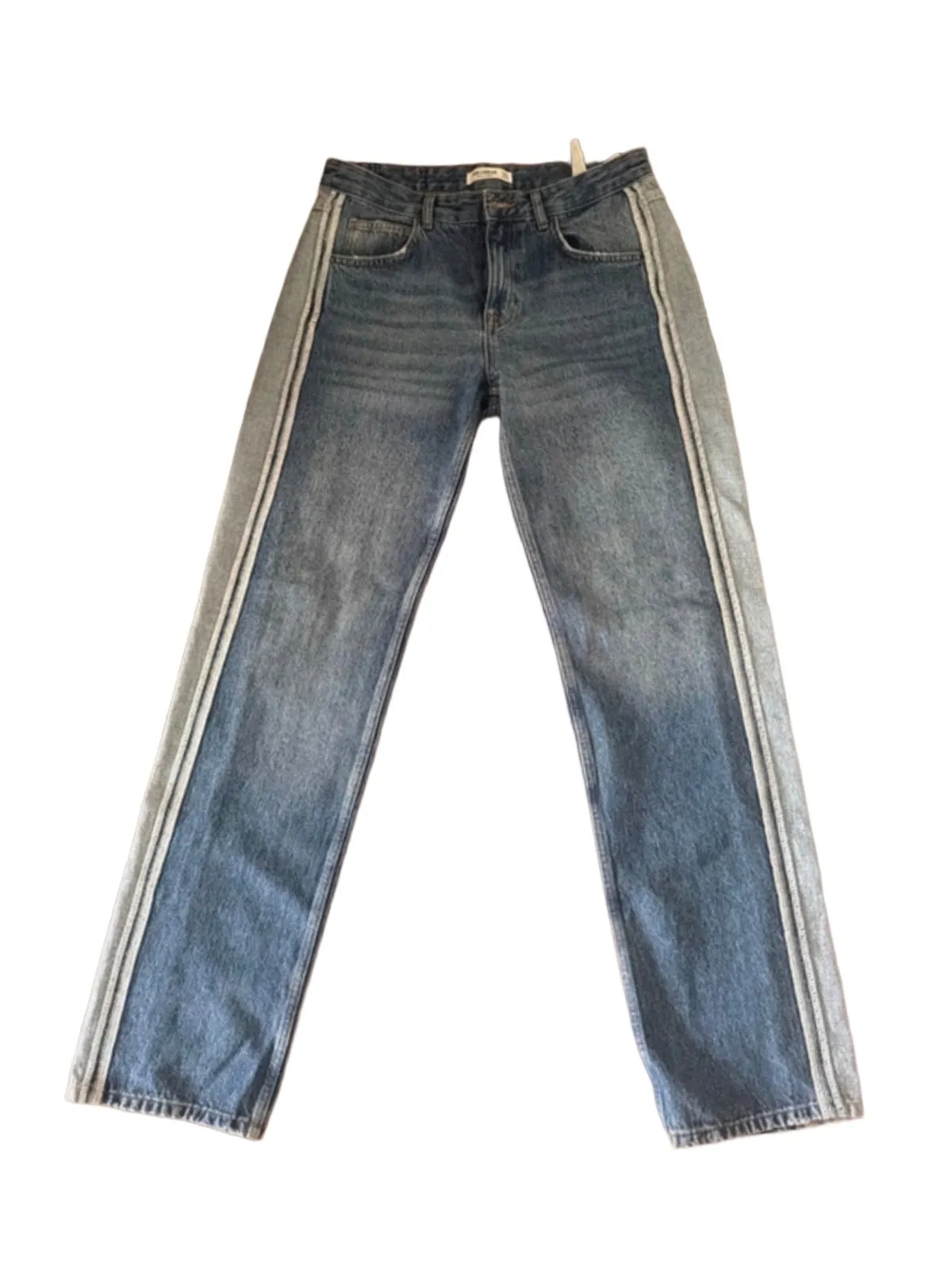 Blugi Pull&Bear EU 38 | Albastru, Lungi, Talie medie, Boyfriend fit, Bicolori Patchwork