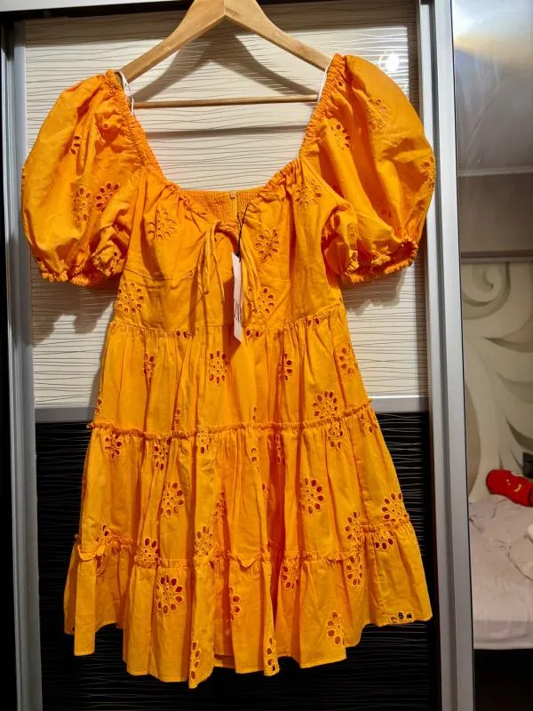Rochie de vară Zara S | Portocaliu, Mini, Mânecă scurtă, Broderie, Bumbac - Image 5