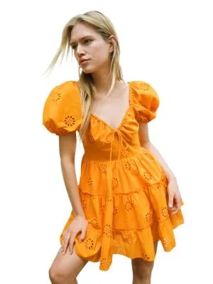 Rochie de vară Zara S | Portocaliu, Mini, Mânecă scurtă, Broderie, Bumbac