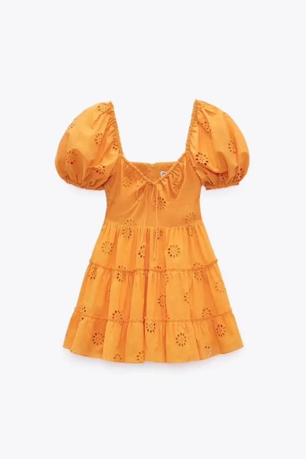 Rochie de vară Zara S | Portocaliu, Mini, Mânecă scurtă, Broderie, Bumbac - Image 2