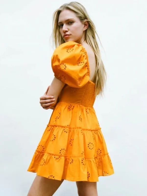 Rochie de vară Zara S | Portocaliu, Mini, Mânecă scurtă, Broderie, Bumbac - Image 3