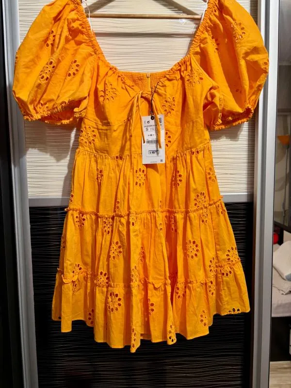 Rochie de vară Zara S | Portocaliu, Mini, Mânecă scurtă, Broderie, Bumbac - Image 8