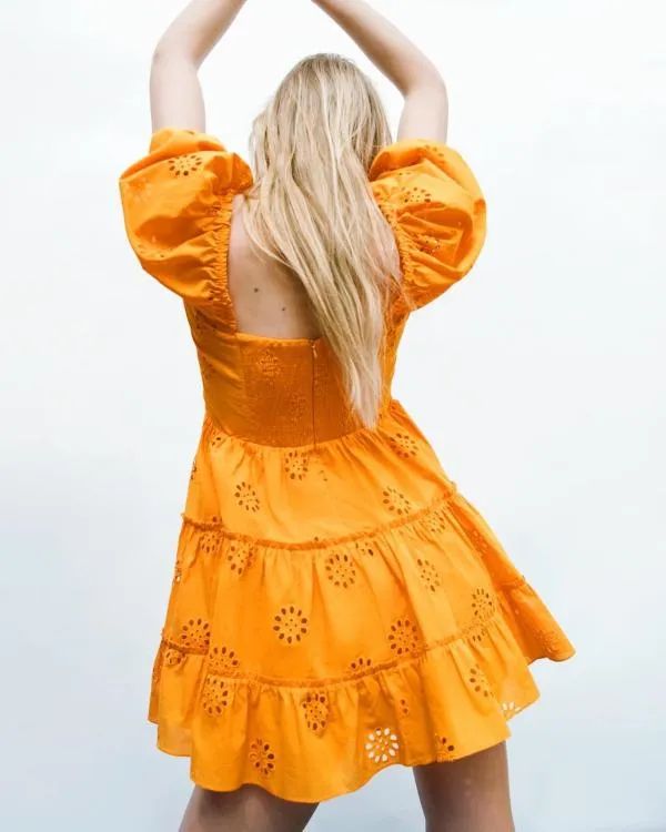 Rochie de vară Zara S | Portocaliu, Mini, Mânecă scurtă, Broderie, Bumbac - Image 4